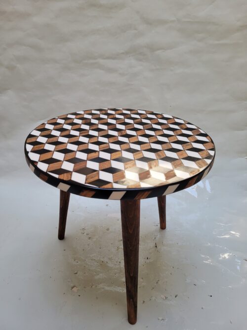 Decorative Round Brass Coffee Table with Resin & Wood Inlay