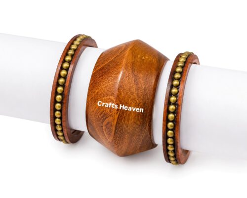Handcrafted Wooden Bangle Set with Brass Bead Inlay